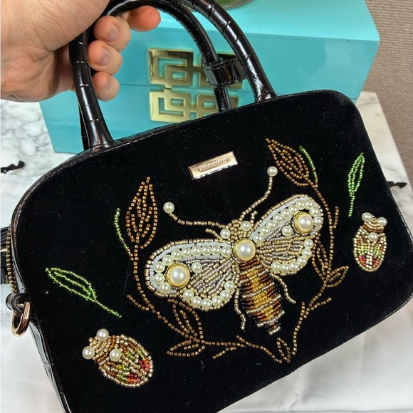 Brahmin Mara Black Attenborough Velvet & Croc Embossed Pearl & Bead Embellished - Picture 3 of 10